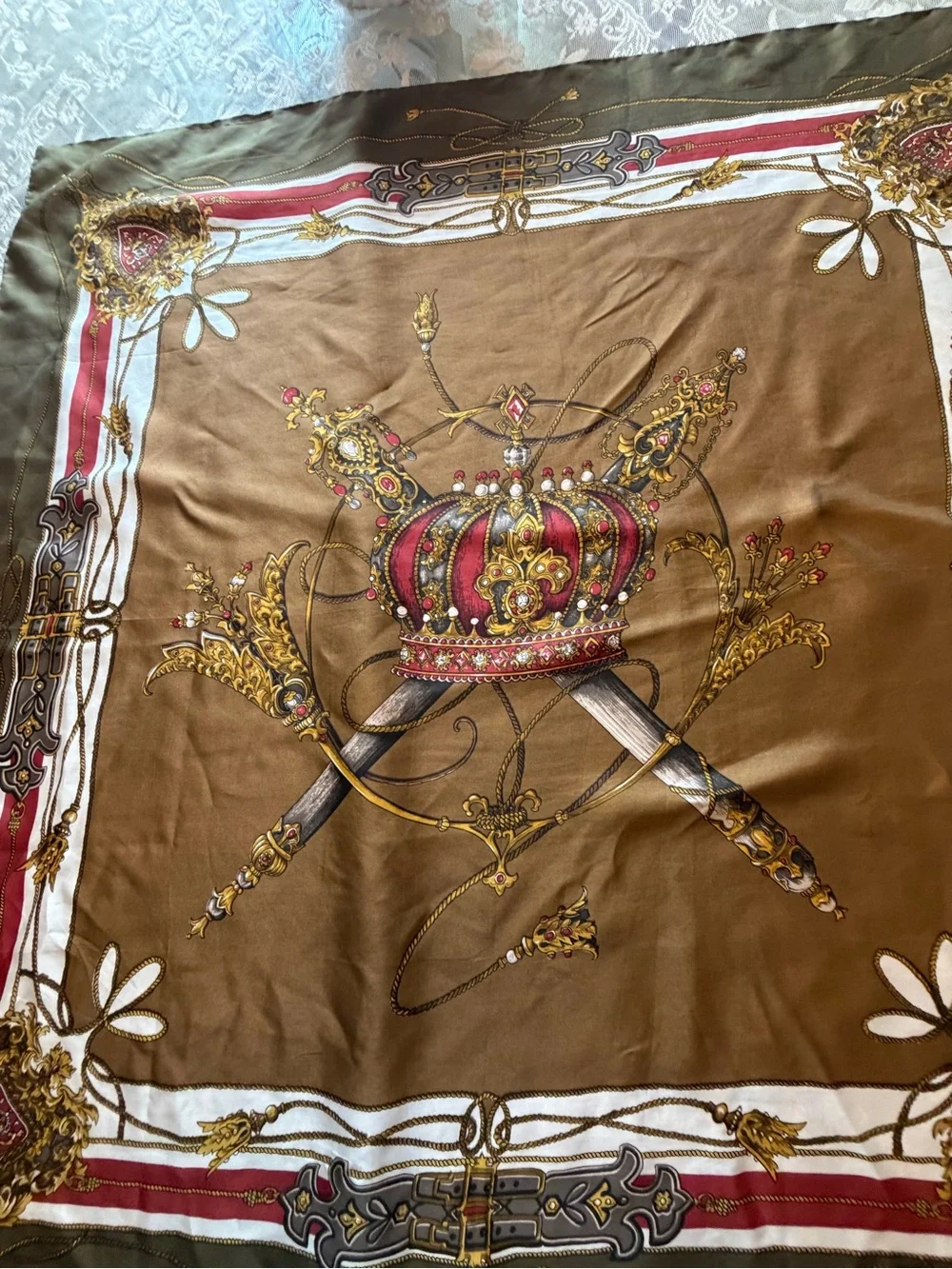 Vintage Olive Crown & Swords Decorative Silk Scarf